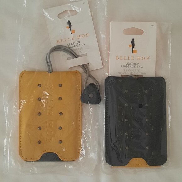 Set of 2 Belle Hop Genuine Leather Luggage Tags Black and Gold - Picture 1 of 6